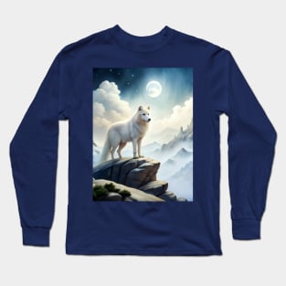 White Wolf Hunting Ground, Winter Mountain Wild Icy Moon, Forest, Galaxy Beautiful gifts Novelty Animal Pattern Fashion T-Shirt Long Sleeve T-Shirt